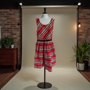 Jona Michelle Girls' Festive Dress Size 7 Red Plaid Gold w belt. Christmas Party